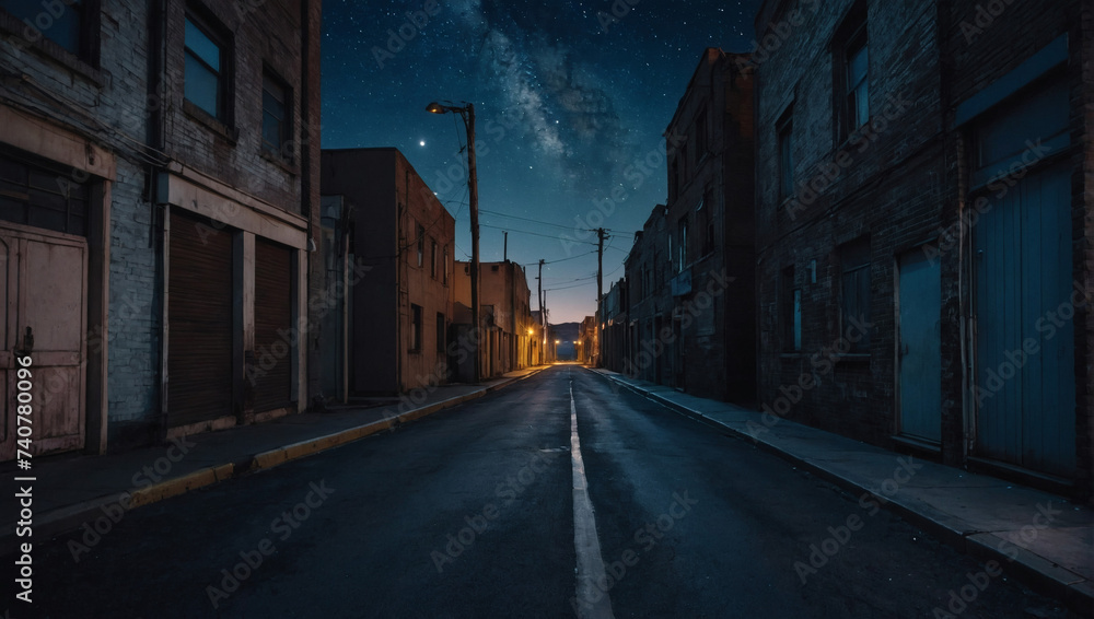Desolate urban alley with an empty asphalt floor under the starry night sky.