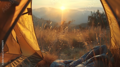Camping tent close up concept of traveling while crossing landscape. photo