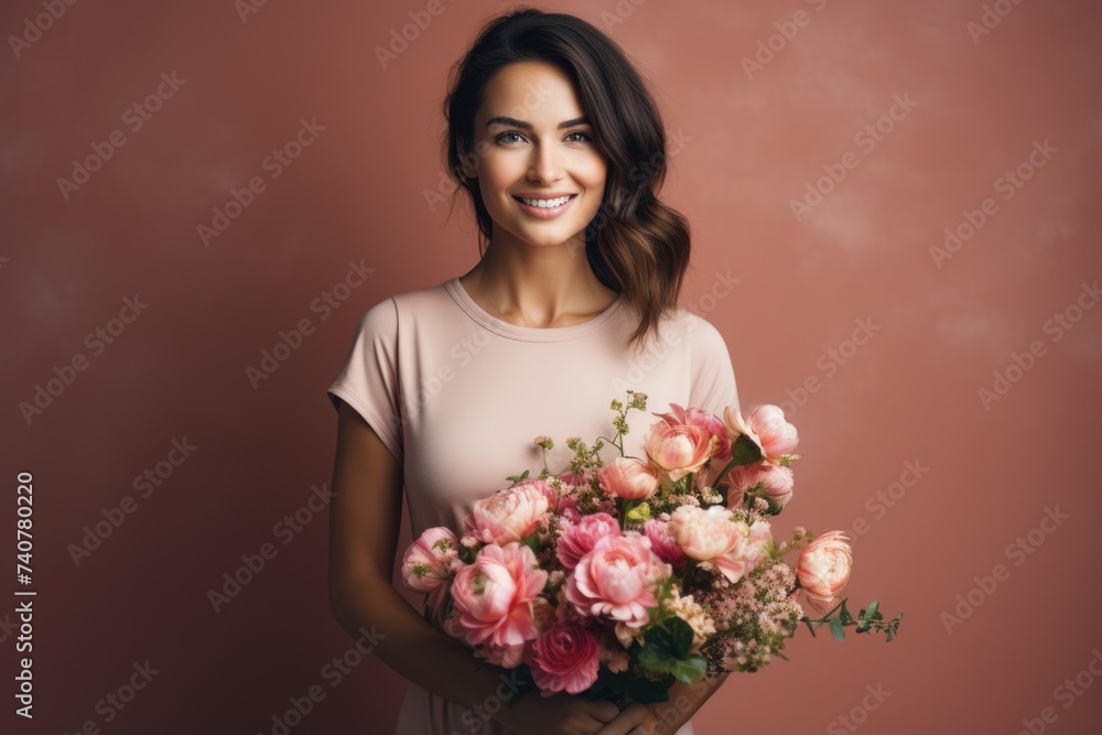 A cheerful young woman in stylish workout attire holding a colorful bouquet of flowers. A cheerful young woman in stylish workout attire holding a colorful bouquet of flowers.