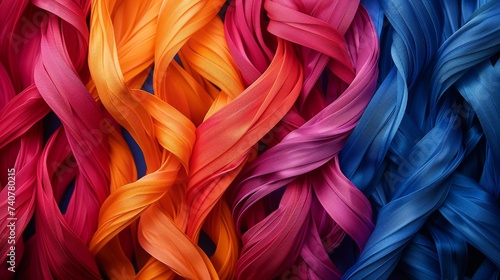 Spandex fibers under high magnification stretching and intertwining like elastic bands in a colorful dance photo