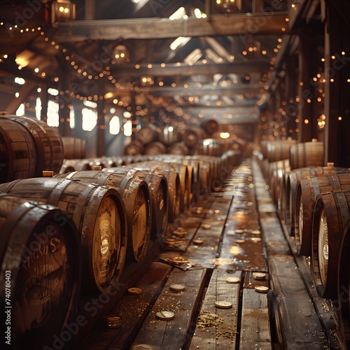 wine cellar with barrels, long row of barrels are stacked on top of each other in a warehouse. The barrels are made of wood and have metal rings around the top