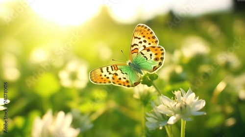 Beautiful butterfly fluttering on green garden. Floral spring natural with soft bokeh field and sun light.