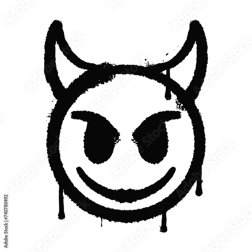An angry emoticon is drawn with a spray can. Grunge emoticon with horns