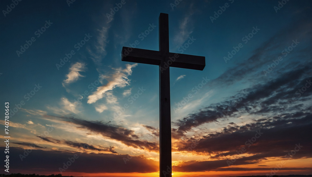 Divine cross silhouette against a stunning sunset sky, symbolizing the essence of Christian faith.