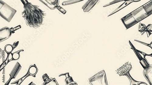 A background with sketches of scissors, combs, and hair products. The text space can be in the shape of a hairbrush photo
