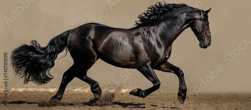 A sculpture of a black horse, a terrestrial animal, is depicted running in the dirt in a field, showcasing its powerful muscles and flowing tail