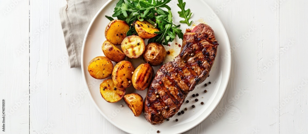 Tasty grilled beef steak with potatoes on white plate isolated on white background