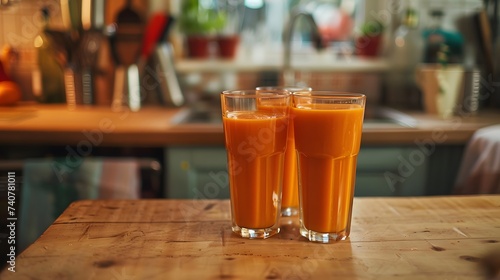 Carrot juice in glasses on wooden counter top. 