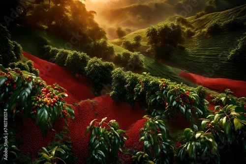 The realism of each cherry, from the varying shades of green to the deep reds, creates a mesmerizing palette. The scene portrays the raw beauty and richness of the coffee harvest, evoking the essence 