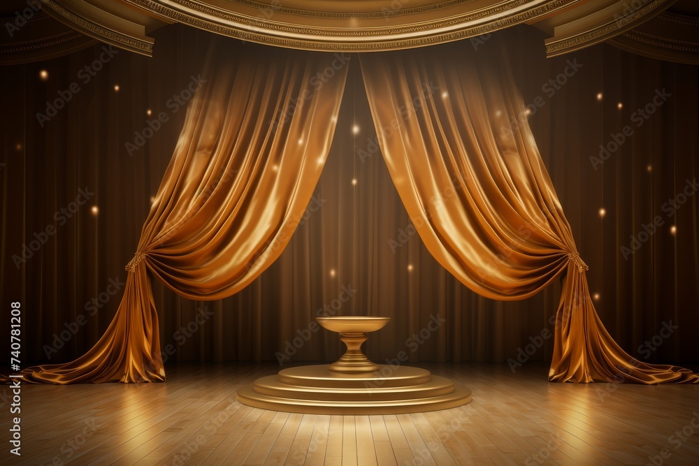 golden stage with curtains and pedestal, 3d render background - obrazy, fototapety, plakaty 
