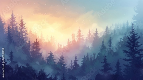 A Painting of a Foggy Forest With Pine Trees