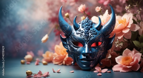 Demon mask isolated on silky flower background