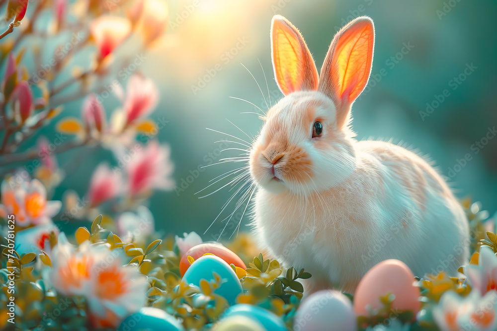 Bunny surrounded by colorful Easter eggs in a fabulous forest. Bunny surrounded by colorful Easter eggs in a fabulous forest.
