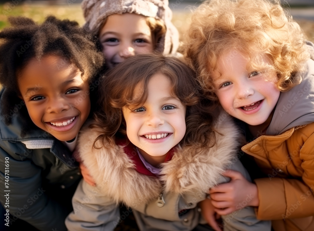 Happy, smile and portrait of kids in a park playing together outdoors with friendship. Happiness, diversity and children's friends standing, embracing and bonding in an outside garden.