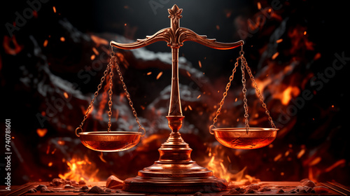 Justice scale with dark-toned on-fire background. Justice concept. Scale is a symbol of justice.  photo