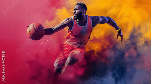 Dynamic basketball player in action with vibrant color explosions, athleticism and energy in motion, creative sport concept