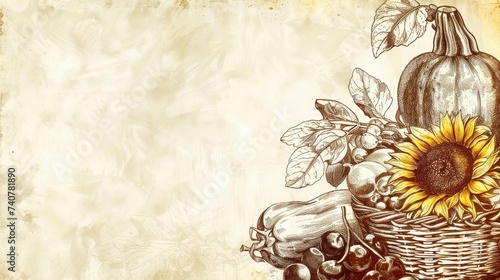 A background with sketches of fresh produce, baskets, and sunflowers. with text space