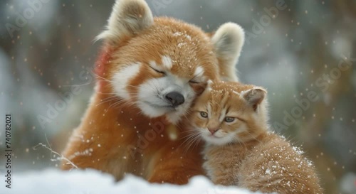 a panda and a cat in the snow footage photo