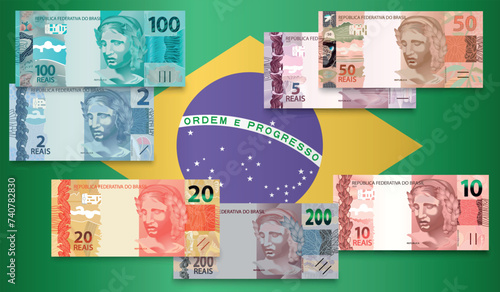 Set of Brazilian real banknotes with Brazilian flag. Vector illustration. photo