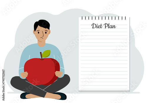 Diet plan illustration. A man sits cross-legged and holds a large red apple. The concept of diet food, meal planning, nutrition consultation.