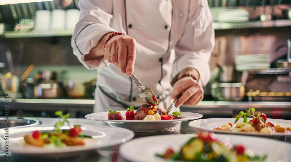 A skilled chef meticulously crafts a mouth-watering meal, adorned on a pristine plate, showcasing their expertise in the art of culinary perfection A skilled chef meticulously crafts a mouth-watering meal, adorned on a pristine plate, showcasing their expertise in the art of culinary perfection
