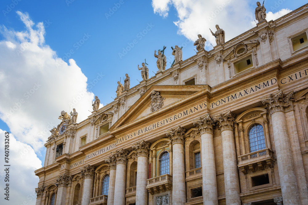 Walls and statues of St. Peter's Basilica in Rome. Many details, view, architecture and embellishments.