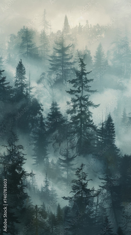 Misty Forest Filled With Dense Trees