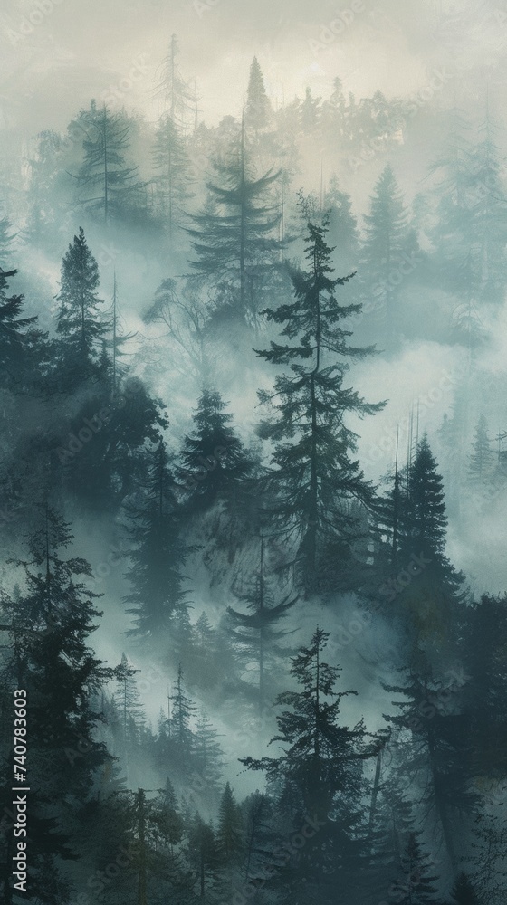 Obraz premium Misty Forest Filled With Dense Trees