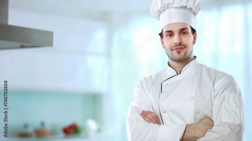 A man, dressed in a chef's uniform, stands in a bustling kitchen against a wall adorned with cooking utensils, his focused human face revealing his passion for food as he expertly prepares a mouth-wa