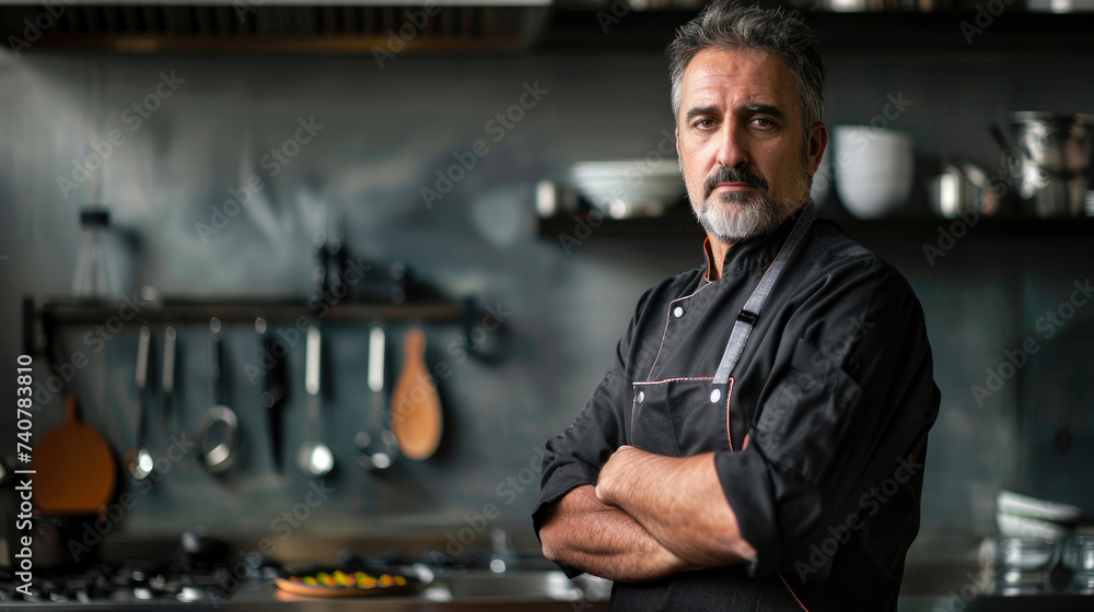 A skilled man in a sleek black chef's uniform cooks up a symphony of flavors in his kitchen, his focused expression matched only by the rhythmic sounds of his cooking utensils A skilled man in a sleek black chef's uniform cooks up a symphony of flavors in his kitchen, his focused expression matched only by the rhythmic sounds of his cooking utensils