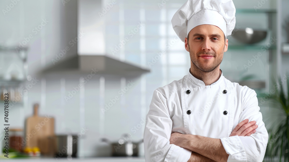 A determined man in a crisp chef's uniform stands confidently against a kitchen wall, his human face adorned with the passion of a chief cook, ready to create mouthwatering food for all to savor