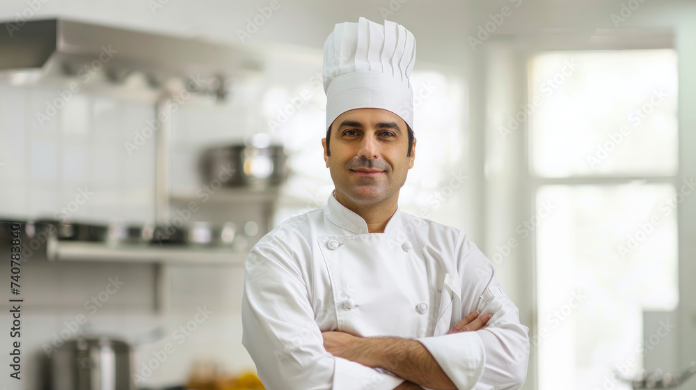 A dedicated chef stands proudly in his crisp white uniform against a kitchen wall, his human face beaming with passion and skill as he prepares delicious food for his customers