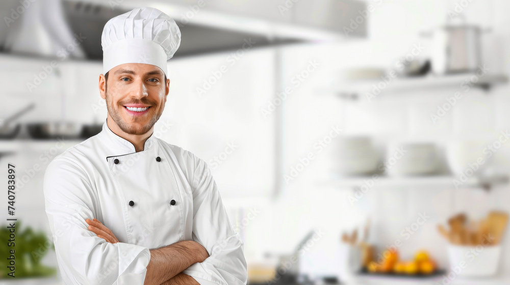 A professional chef in his crisp white uniform beams with pride as he stands in front of a bustling kitchen, ready to create a mouthwatering masterpiece using his culinary skills and the latest kitch