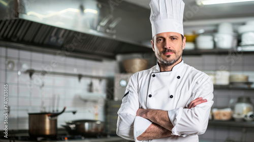 A dedicated man, clad in a pristine chef's uniform, stands confidently in his bustling kitchen, expertly preparing mouthwatering dishes with passion and precision