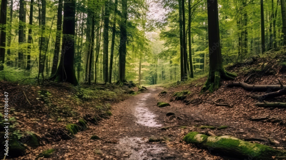 Fototapeta premium Wood chip trail for running through forest in Switzerland.