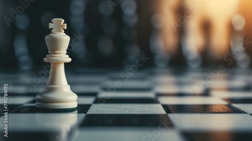 A lone king chess piece stands on a board, with a bokeh of light suggesting strategic thinking and leadership, ideal for concepts of business, strategy, or intellectual challenge.