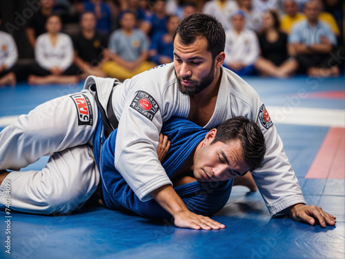 Brazilian jiu-jitsu practitioner performing a sweep on his opponent in competition with blur audience or students in background