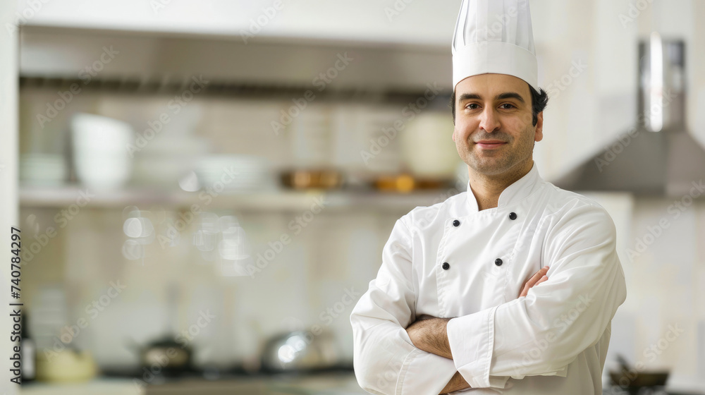A skilled chef, donning his pristine uniform, stands proudly against the kitchen wall, his human face exuding passion and expertise as he prepares delectable food