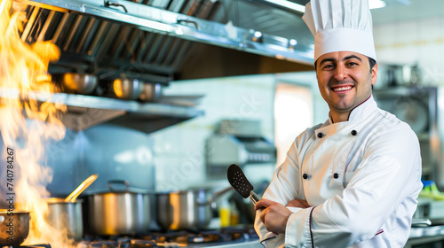 A skilled chef in a pristine uniform, his face beaming with joy as he expertly navigates the bustling kitchen, surrounded by an array of modern appliances and traditional kitchenware while preparing 