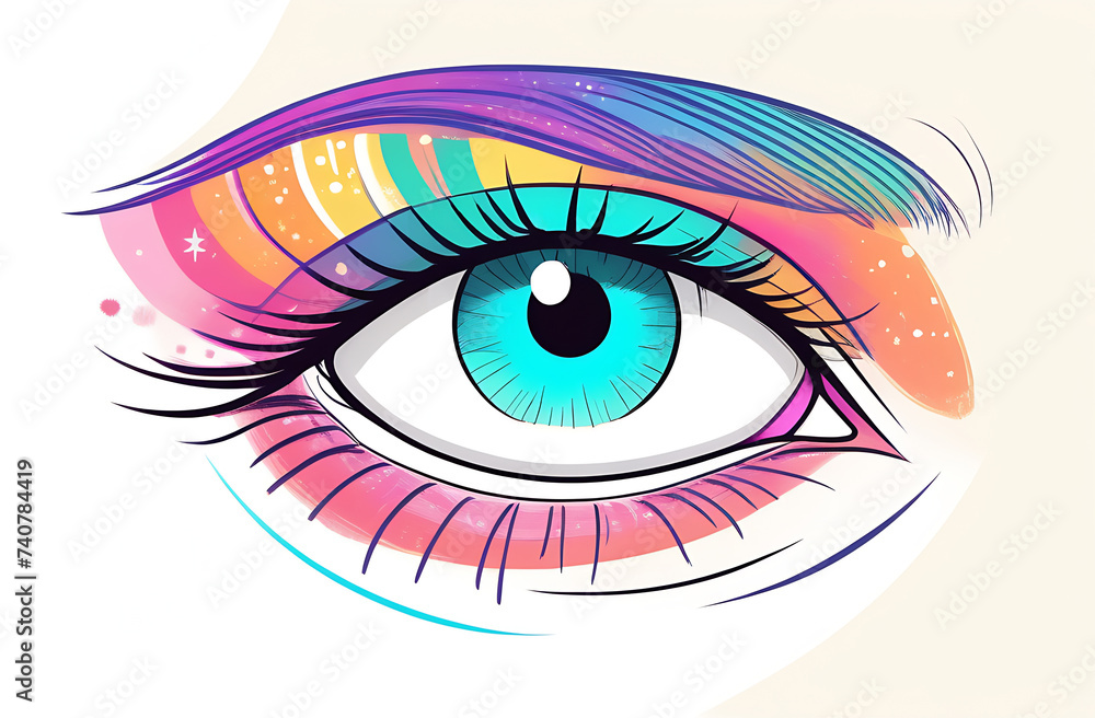 Illustration of an eye with a blue pupil and colorful shadows. Abstract logo design element. Design concept for contact lenses, optical store, makeup, visage and cosmetics.