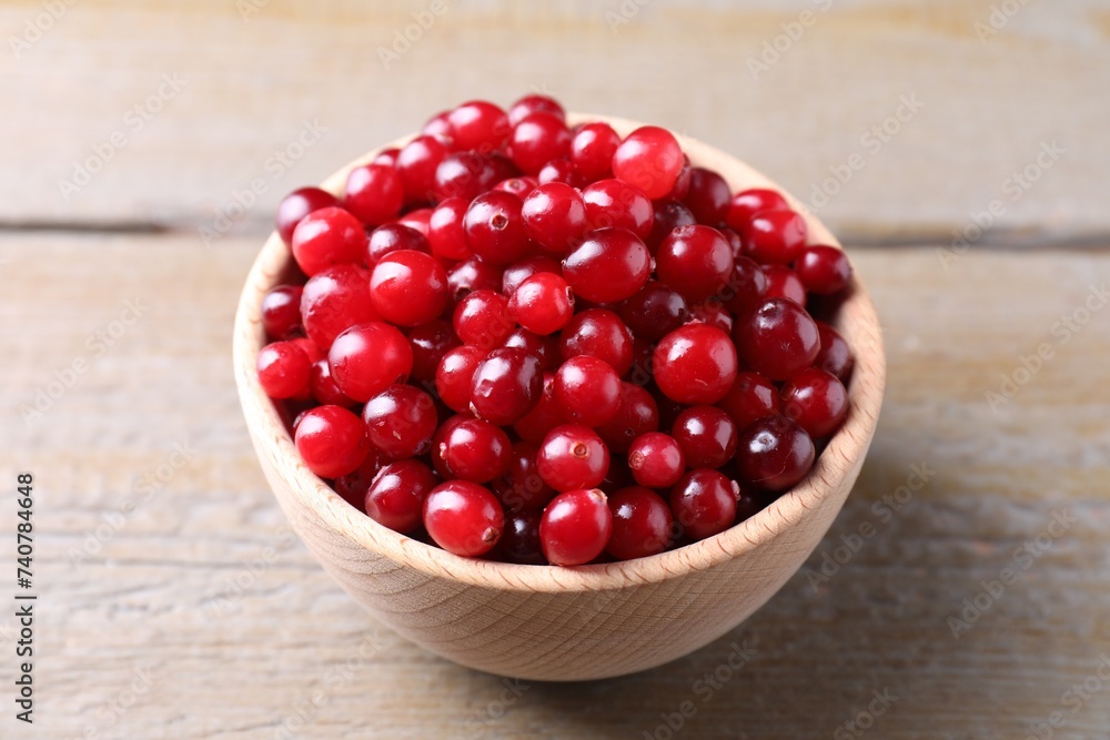 Fresh ripe cranberries in bowl on wooden table, closeup Fresh ripe cranberries in bowl on wooden table, closeup