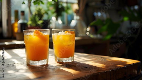 Carrot juice in glasses on wooden counter top.
