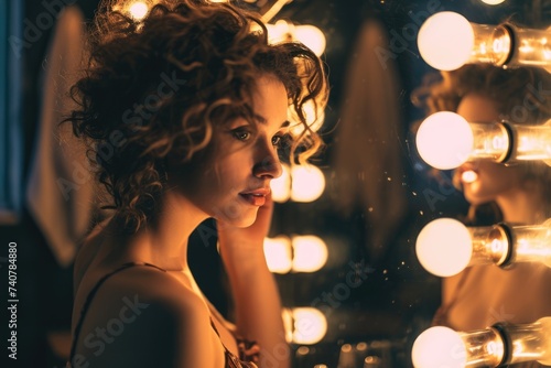 Enigmatic Elegance: Actress Brushing Hair in Dressing Room Ambiance with Mirror and Light Bulbs
