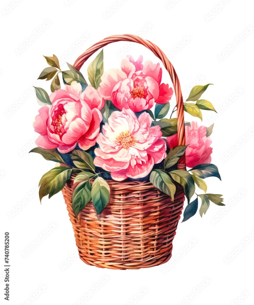 Watercolor illustration of a wicker basket with bouquet of pink peonies isolated on white background. Watercolor illustration of a wicker basket with bouquet of pink peonies isolated on white background.