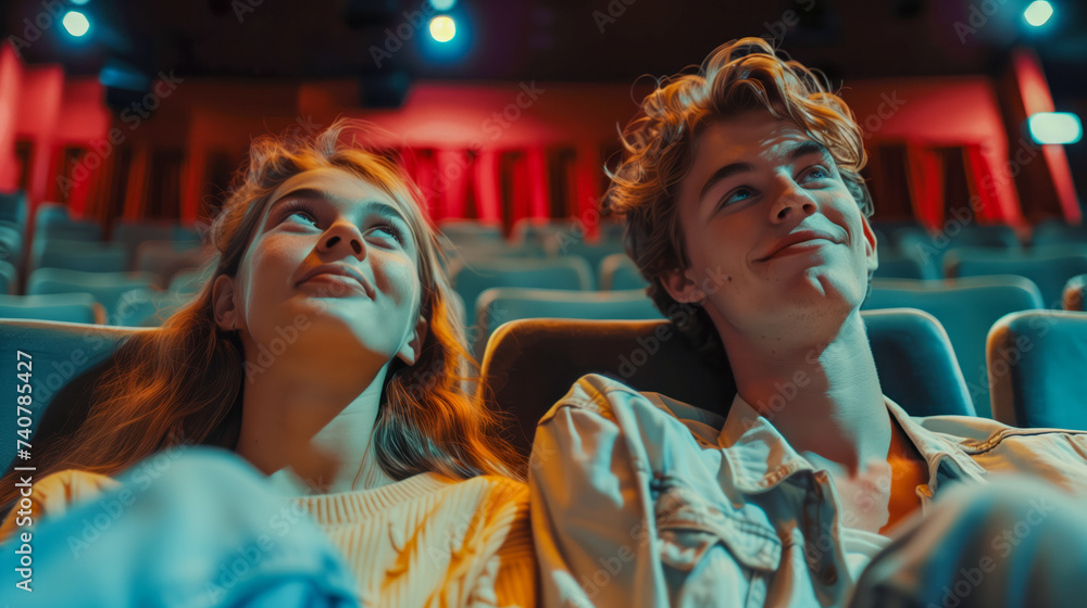 Obraz premium Cinematic Adventure Teenage Couple Enjoying a Movie Date at the Cinema