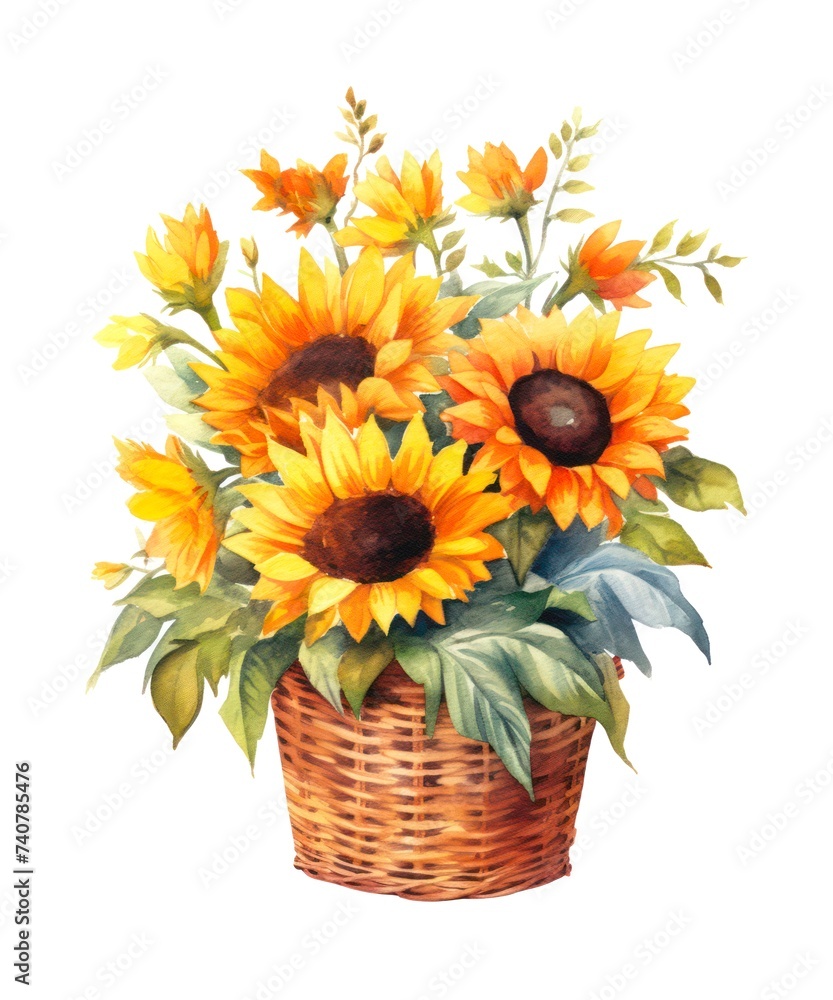 Obraz premium Watercolor illustration of a wicker basket with bouquet of sunflowers isolated on white background.