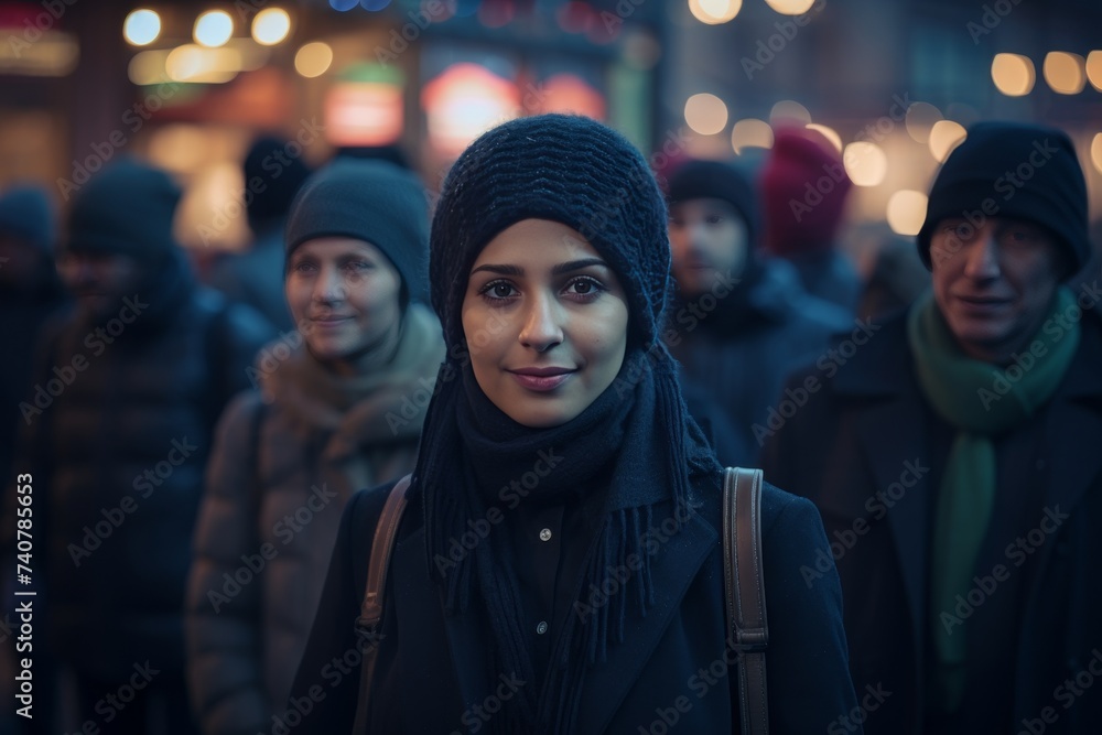 Portrait of a warmly dressed woman against the backdrop of a city crowd of people Portrait of a warmly dressed woman against the backdrop of a city crowd of people