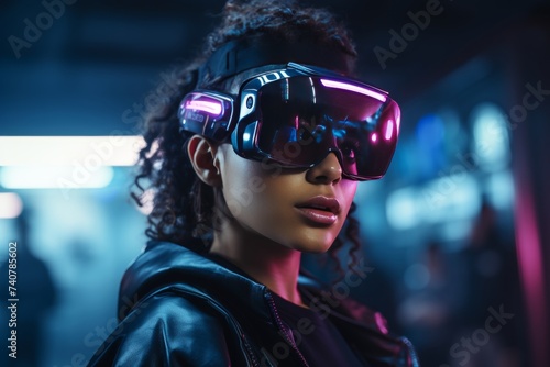 Woman wearing virtual reality headset while exploring the metaverse, futuristic digital world