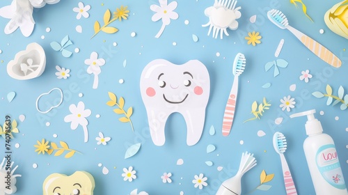 A paper crafted background with cute doodles of toothbrushes, toothpaste, and dental floss. The text space can be in the shape of a tooth photo