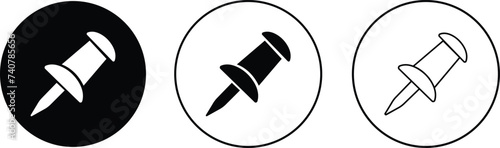 Push pin icons set. Thumbtack for note attach. Paperclip symbol Pushpin flat and line style collection isolated transparent background A needle for fixing on a board or map stock vector for web or app